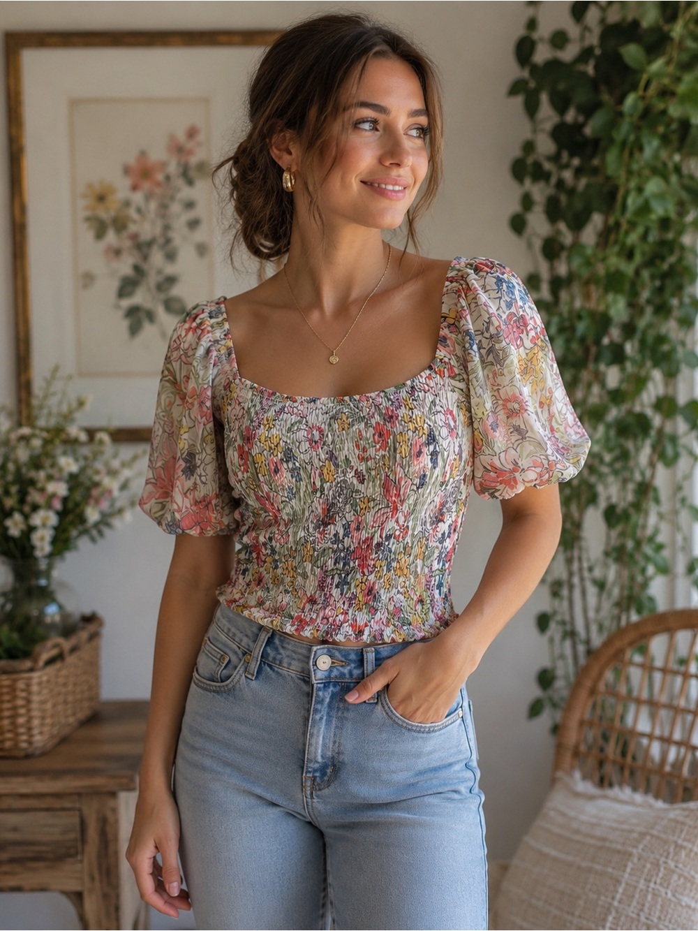 Anthropologie Aurelia Floral Smocked Mesh Puff Sleeve Top XL